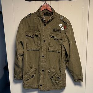 Hurley Khaki Men's Field Jacket Destroyed Distressed Zippers Pins Large